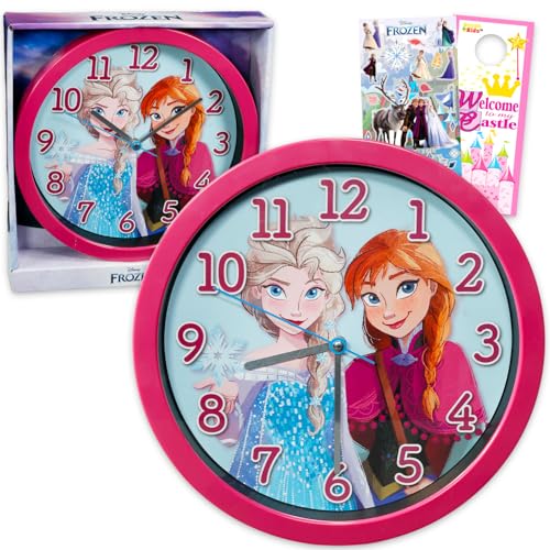 Disney Reloj de pared de Frozen, paquete de decoración de habitación de Elsa y Anna con reloj de pared de 10 pulgadas más calcomanías y más para niños y adultos | Juego de regalos de Disney Frozen