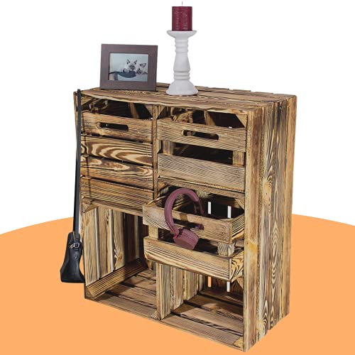 Großes Vintage Holzregal mit fünf Fächern, Holzkiste neu, 68x35x77cm (Geflammt mit Schubladen)