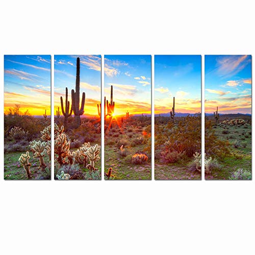 sechars Extra Large 5 Piece Canvas Painting North American Sonoran Desert at Sunset Picture Print on Canvas Botanical Cactus Landscape Artwork for Living Room Ready to Hang Each Piece 12"x32"...