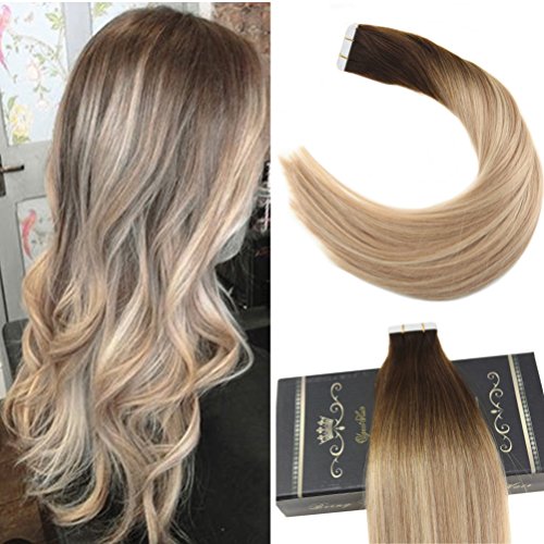 24inch Tape in Hair Extensions Human Hair Balayage #4 Brown Fading to #18 Blonde and #22 Blonde Tape in Real Hair Extensions 50 Grams 20pcs