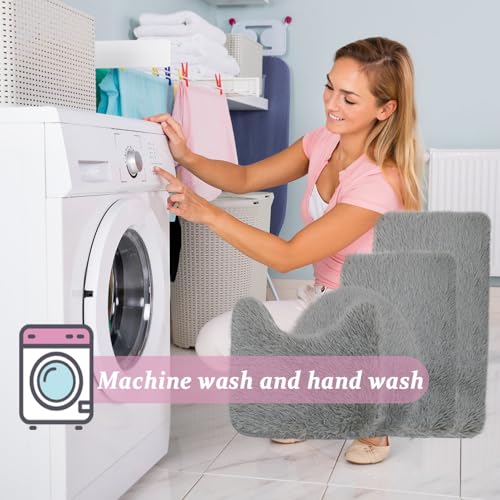 Heavyoff Badematte Set 4 teilig, Waschbar Badezimmerteppich, rutschfeste Badematte Toilettenmatte,Weich Saugfähige Badteppiche und WC Vorleger Duschvorleger, Hellgrau – Bild 7