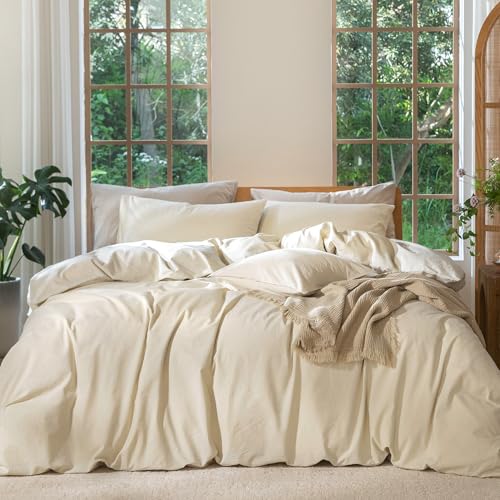 MooMee Bedding Duvet Cover Set 100% Washed Cotton Linen Like Textured Breathable Durable Soft Comfy...