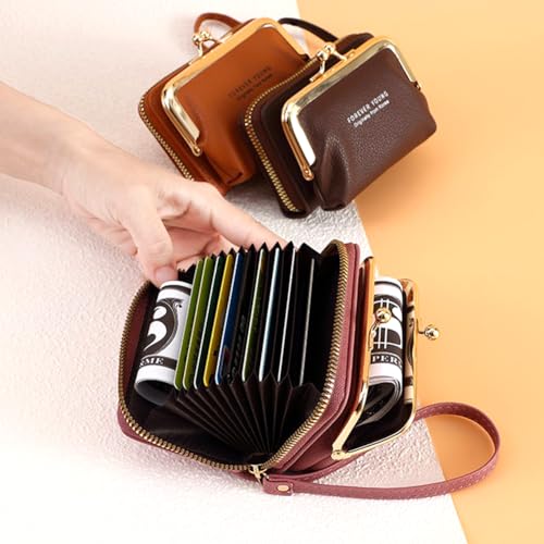 Elegant Kiss-lock Coin Purse Women's Wallet Wristlet Pu Leather Women Accordion Multi Card Slots Zipper Card Holder Small Wallet with Wrist Strap Change Purse Pocket Compact Organizer (Brown)2