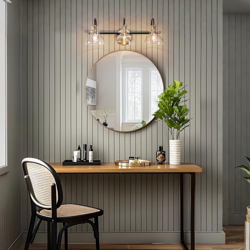 Image of KSANA Black and Brass Vanity Light, Modern Clear Glass Bathroom Light Fixture, Black Gold 3-Light Wall Lighting Over Mirror