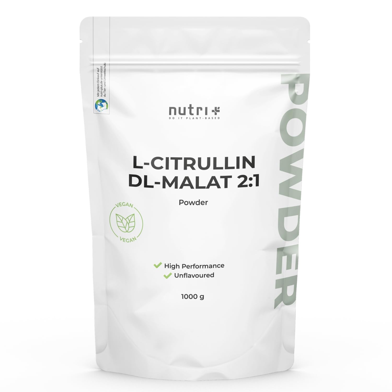 nutri+ L-Citrulline malate en poudre 1 kg - hautement dosé + végétalien + pur - booster de musculation + fitness - L-Citrulline malate DL 2:1 Powder - qualité premium issue de la fermentation végétale