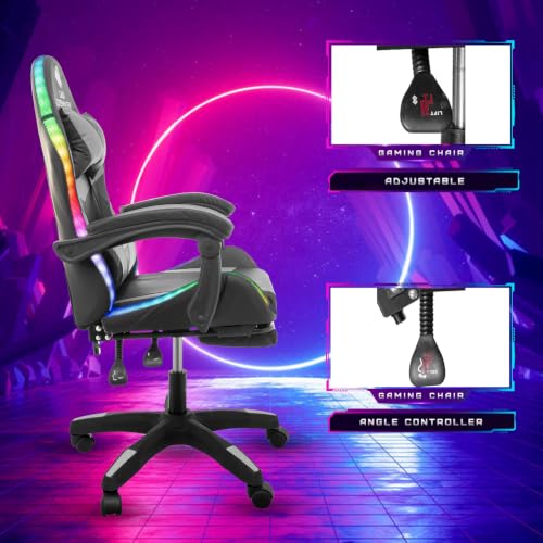 Image of Casa Copenhagen Designed in Denmark,High-Back Italian Leather Gaming Ergonomic Chair with Advanced Mechanism with LED Light & Electric Back Massager, Memory Foam Seating - Grey & Black
