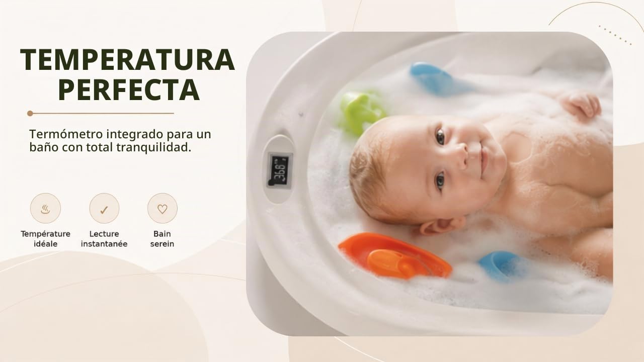 Bañera plegable para bebé con soporte de acero, termómetro integrado, cojín ergonómico y manguera de drenaje - Baby Dolphin - Compacto y transportable 0-3 años, gris