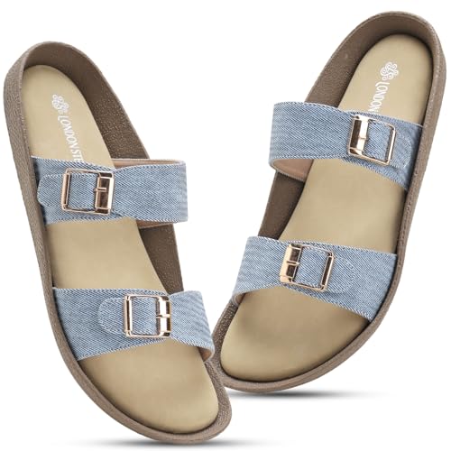 Image of Women Denim Double Strap Buckle Slides | Comfortable Casual Flat Slippers for Women | Lightweight Open Toe Slip-On Sandals Everyday Wear