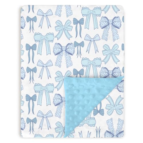 Image of Blue Baby Blankets for Boys 30 inch x 40 inch, Soft Double Layer Minky Blanket with Dotted Fleece Back, Nursery Bed Receiving Quilt for Newborn Infant Toddler Shower Gift Bow Ribbon Theme