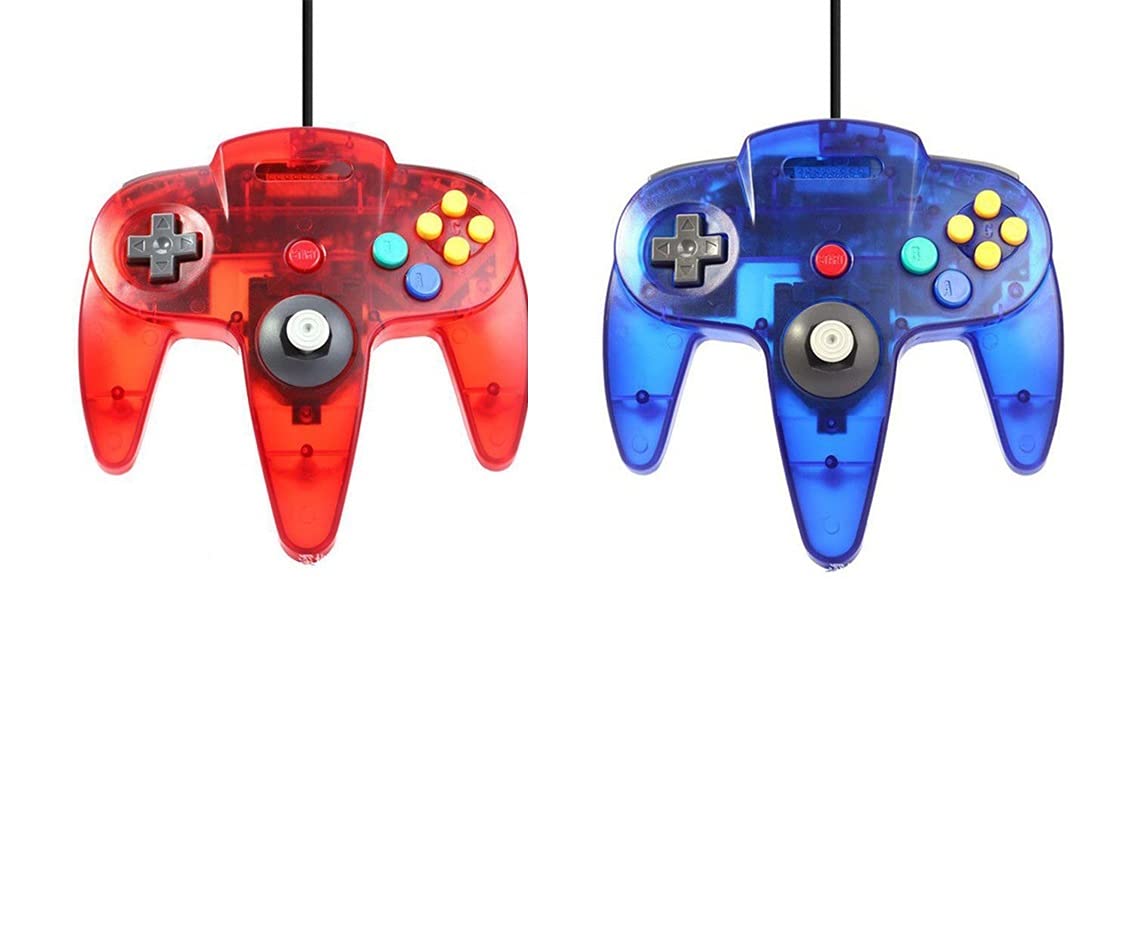 2 controller per Nintendo 64 N64 colore a scelta con cavo Gamepad Joypad (blu/rosso trasparente)