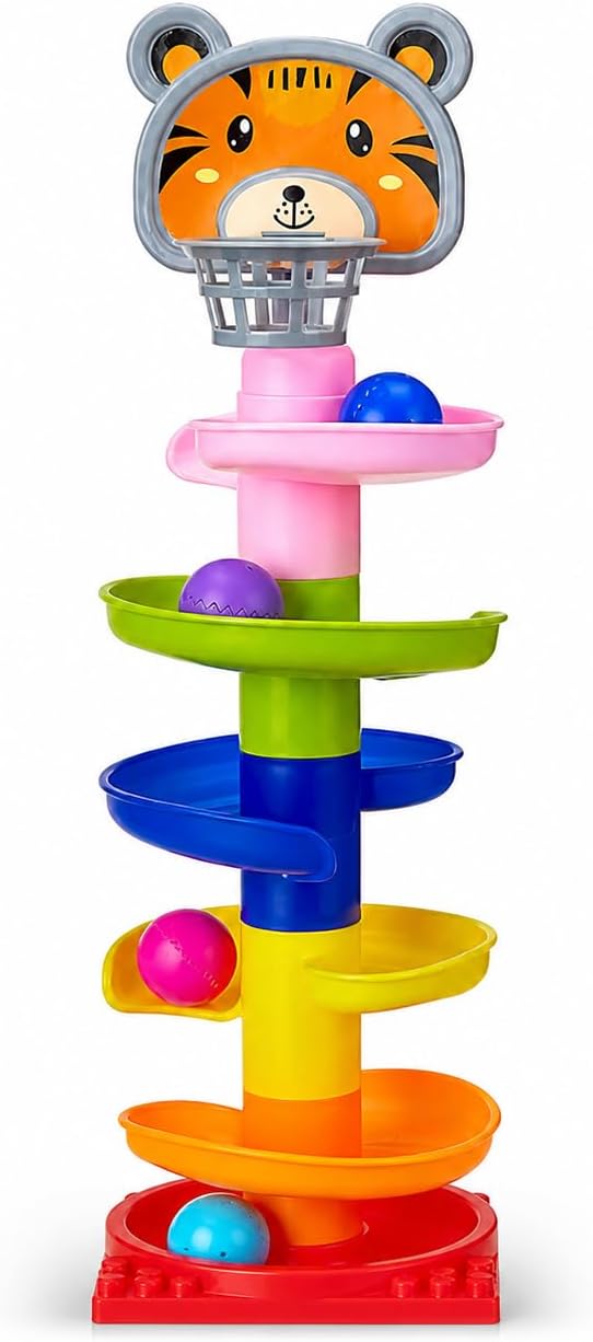Amazon Brand - Jam & Honey Ball Drop Ramp Toy for Kids 3+ Years, BIS Certified Safe for Kids, 5 Level Rolling Ball Tower with 4 Balls, Toddler Learning Activity Toy