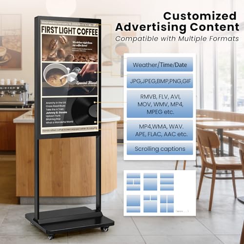 Image of 43 inch Digital Signage Display Kiosk Indoor Floor Standing Advertising Black | 4K Android 14 4 + 32 Storage, USB WiFi HDMI Bluetooth Input, Smart Split Screen, Free CMS, 700 Nits, Life over 50,000 hours