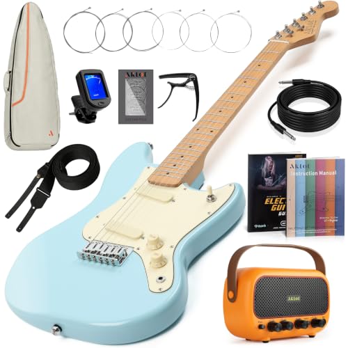 Image of AKLOT Mini Kids Electric Guitar: 3 /4 Size Guitar Kit for Beginners, 1.5in Narrow Neck for Small Hands, Easy to Play, Age 6-12, 36 inch, 10W Amp, Gig Bag, Strap, Cable, Picks & Lesson Book (Blue)