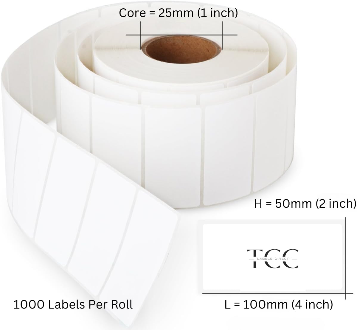 Self Adhesive Address/Product Labels, Blank Thermal Transfer Label Stickers by TCC Labels Direct, 4" x 2" (100mm x 50mm), Roll of 1000, Tear Resistant, Glossy