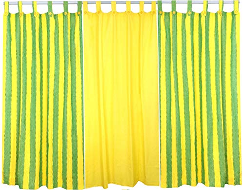 Image of Cotton Stripe and Solid Tab Top Loop Curtains Button Type Combo of 3 Pieces. (Yellow Multi, 4 x 5 ft - Window Curtain)