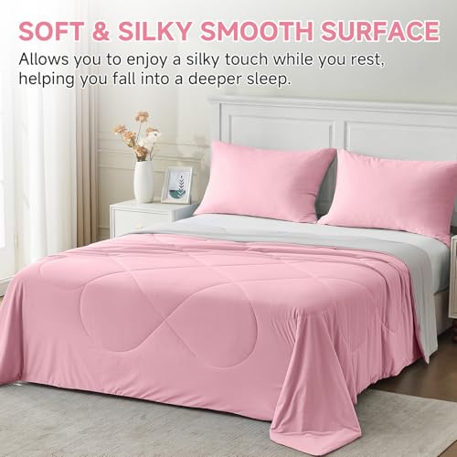 Image of HOMFINE Cooling Comforter Queen Size, Pink Summer Cooling Blanket for Hot Sleepers and Night Sweats, Japanese Double-Sided Cold Tech Fabric Q-Max 0.45, Soft Breathable Silky Smooth Lightweight