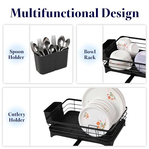 Image of Kuber Industries Stainless Steel Kitchen Drying Rack with Drain Tray & Cutlery Holder | Countertop Utensils Stand | Dish Rack for Kitchen | Bartan Stand | Black