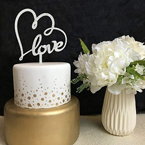 Mr & Mrs Wedding Cake Topper - Glitter Silver Heart with Love for Wedding, Engagement, Anniversary Parties