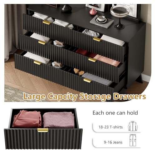 Image of Wodeer 6 Drawer Fluted Dresser for Bedroom, Mid Century Modern Dresser with 6 Drawers, Dressers & Chests of Drawers with Metal Handle, TV Stand & Storage Organizer for Entryway, Hallway, Black