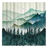 Allenjoy 72x72 Watercolor Mountain Forest Landscape Teal Shower Curtain for Bathroom Sets Green Mist