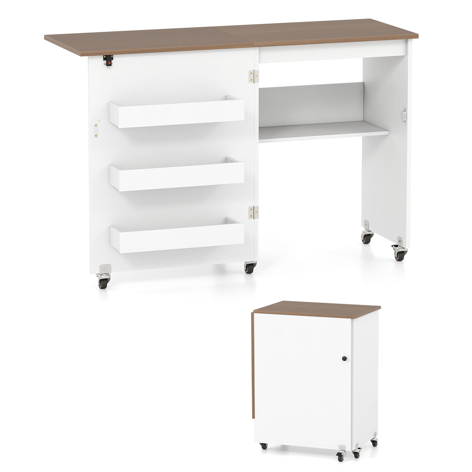 KOMFOTTEU Mesa de Costura Plegable, Mesa para Máquina de Coser con Ruedas y Compartimento de Almacenamiento, Armario para Máquina de Coser con 3 Contenedores Ocultos (Blanco y Natural)