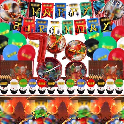 88 Stück Nija Geburtstagsdeko Partygeschirr Pappteller Kindergeburtstag 7th Party Teller Becher Ballon Geburtstag Deko für 10 Personen