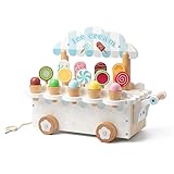 HAUSVIVO Heladería de madera para niños – Montessori juguetes a partir de 2 3 años – Carro de helados de madera con accesorios – Juego de rol y tienda de compras – Regalo niña niño – Accesorios de