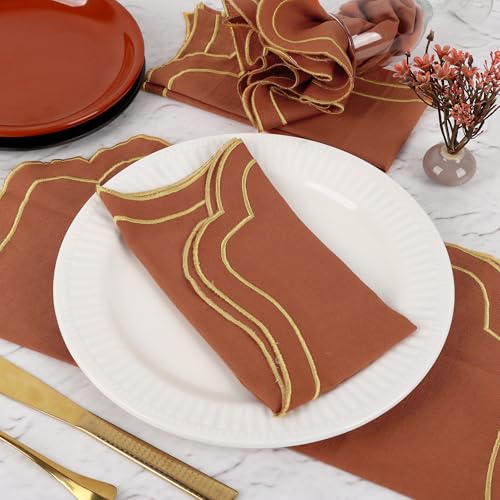 Servilletas festoneadas de tela bordadas de alta calidad, decoración de mesa, primavera y verano, 100 % algodón, reutilizables, lavables, 18 x 18 pulgadas (servilletas de óxido con bordes dorados,