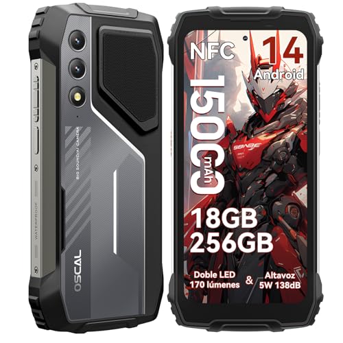 OSCAL PILOT 1 Movil Irrompible 2025, 18 GB + 256 GB/2 TB TF |Batería de 15000 mAh/33 W|50 MP + 32 MP Movil Resistente|LED de 170 Móvil Rugerizado|90 Hz|Android 14|NFC/GPS/Huella dactilar/Doble SIM/OTG
