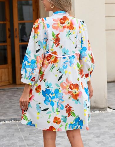 Image of EZAPINE Women Floral Babydoll Mini Dress V Neck 3 /4 Puff Sleeves A Line Flowy Swing Summer Sun Dresses