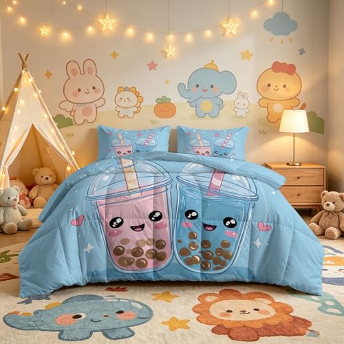 Genérico - Edredón impreso (220 x 240 cm, diseño de corazón de dibujos animados, reversible, sin funda), suave, cómodo, lavable, para 4 estaciones, 2 fundas de almohada, tazas de té de burbujas