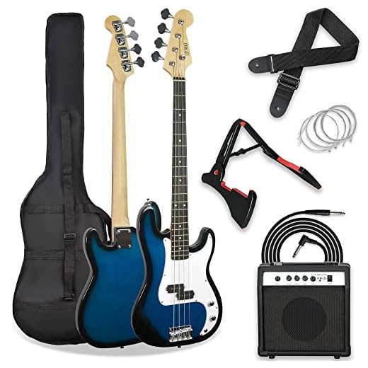 3rd Avenue Pack de bajo eléctrico de tamaño estándar 4/4 para principiantes de 3rd Avenue con amplificador de 15 W, afinador, funda de transporte, cable, correa, soporte y cuerdas de repuesto, Azul