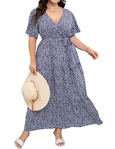 Image of ShopWonder Womens Plus Size V Neck Wrap Maxi Dress High Waist Ruffle Summer Casual Dress with Belt