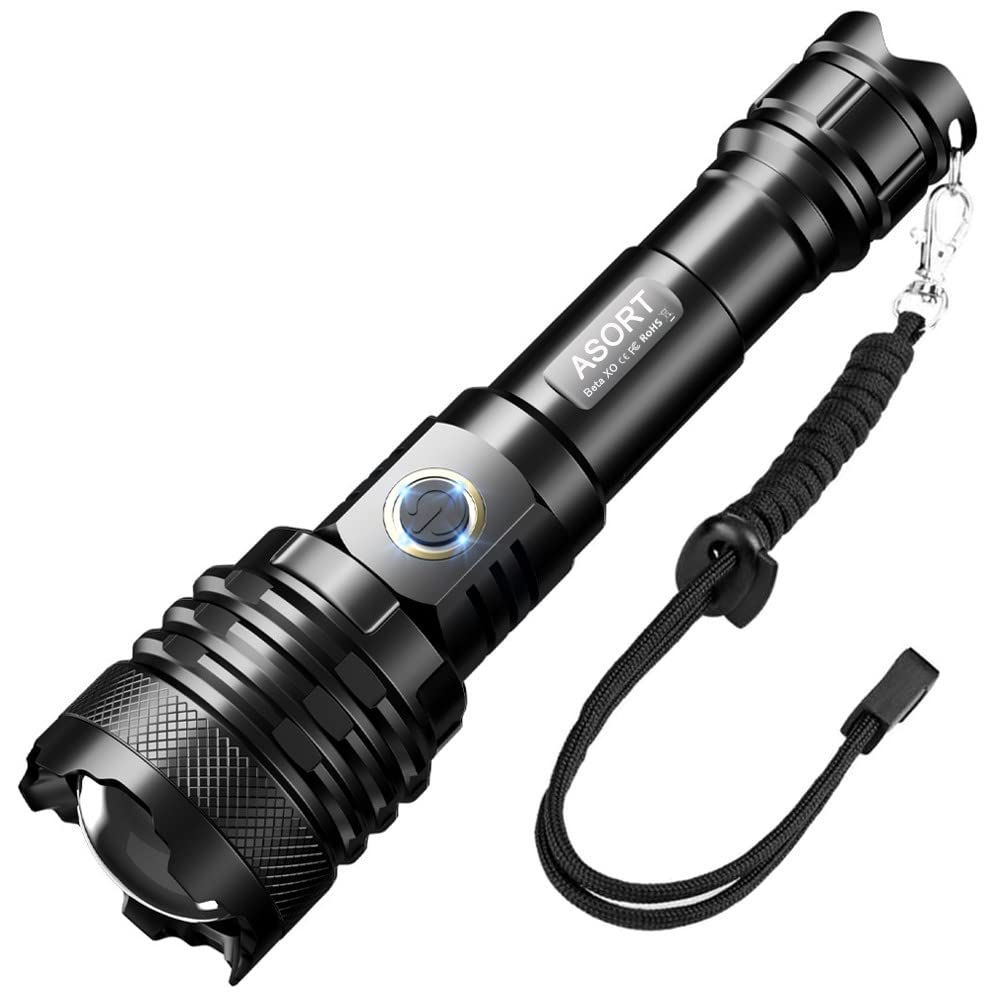 ASORT LED Torch Extremely Bright 30000 Lumen, USB Rechargeable, XHP160 LED, 5 Modus Dimmen, IPX67 Waterproof, Zoomable Torch for Camping Hiking and Emergency Use (21700 Battery)
