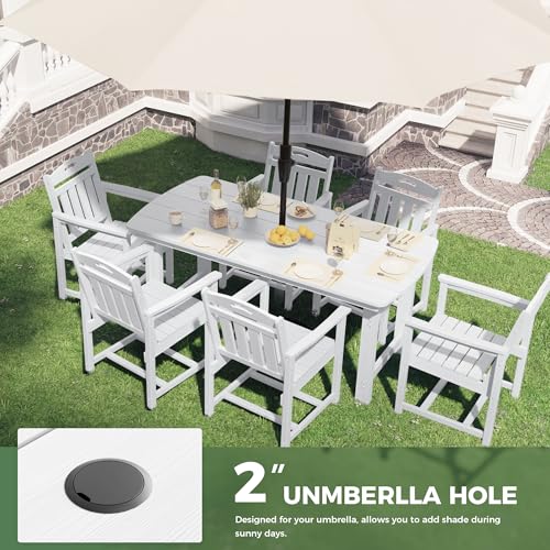 Image of HDPE Outdoor Dining Set, Patio Table and Chairs Set, All-Weather 7-Piece Outside Table and 6 Chairs, 2 inch Umbrella Hole, Outdoor Furniture for Garden, Poolside, Backyard, Deck | White