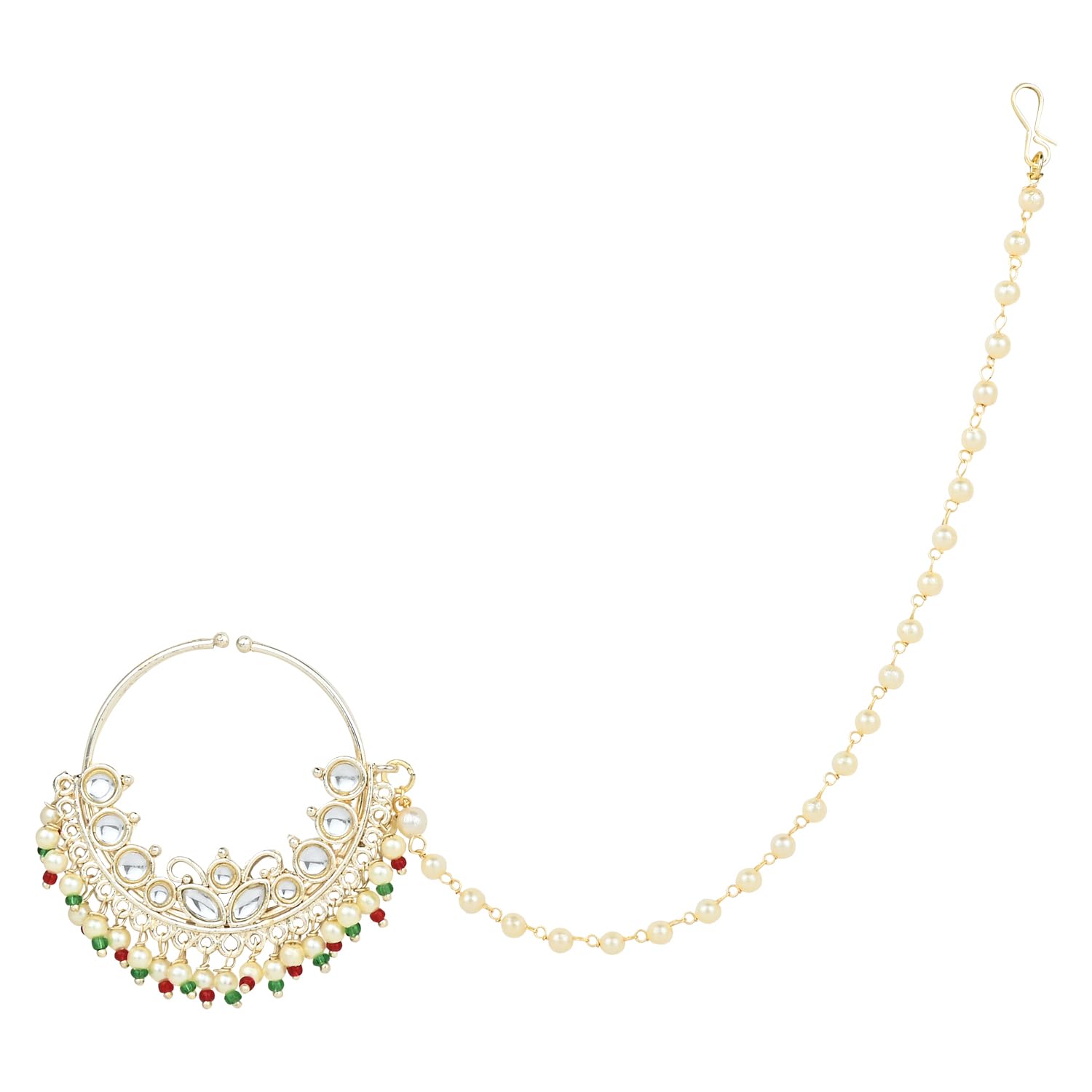 I Jewels Indian Wedding Bollywood Gold Plated Traditional Ethnic Bridal Nose Ring/Nath Without Piercing with Pearl Chain Encased with Pearl Stone for Women/s (NL62-70,71,72)
