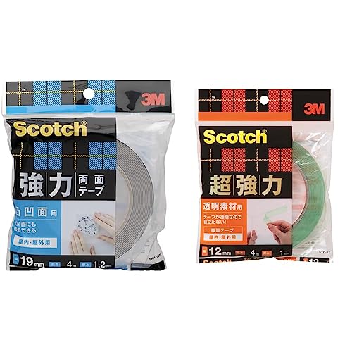 3M 両面テープ 強力 凸凹面用 幅19mm 長さ4m スコッチ SKH-19R セミロング タイル べニア板 & 両面テープ 超強力 透明 素材用 幅12mm 長さ4m スコッチ STD-12 セミロング【セット買い】