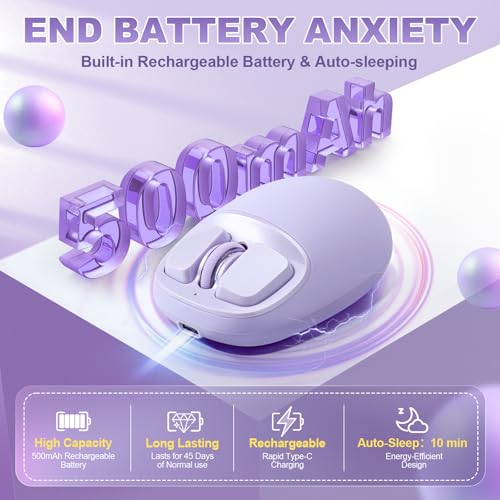 Image of YUNZll C1 Silicone Wireless Mouse, Tri-Mode 2.4G /USB-C /Bluetooth Mouse, 4800 DPl Optical Tracking, 6 Adjustment Levels,Customize Mice for Laptop, Computer, iPad, MacBook (Purple)