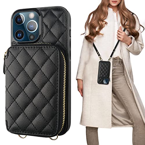 Bocasal Crossbody Wallet Case for iPhone 13 Pro Max RFID Blocking PU Leather Zipper Handbag Purse Flip Cover Kickstand Folio Case with Card Slots Holder Wrist Strap Lanyard 5G 6.7 Inch (Black)