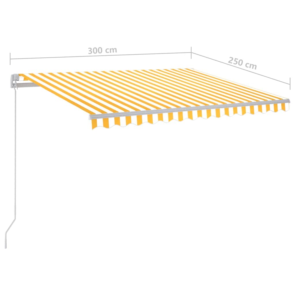 Braccio articolato retrattile, adatto per giardino, veranda, pergolato, prato, balcone, terrazza, tenda da sole, con LED 300 x 250 cm, giallo e bianco