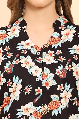 Image of Womens Casual Shirt Soft Beach Shirts Floral Tropic Print V Neck T-Shirt Short Sleeve Button Up Tops