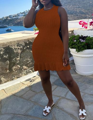 Image of Nimsruc Women Summer Tank Dresses Sleeveless Crew Neck Casual Bodycon Mini Dress with Ruffle Hem