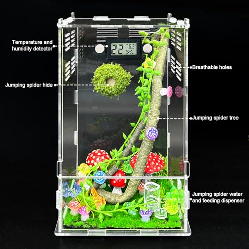 Image of Jumping Spider Enclosure,DIY Insects Habitat,Small Reptile Terrarium Glass House Accessories Set,with Temperature and Humidity Detector Water Feeder Platform Hide,5.5 inchx5.5 inchx9.5 inch (Luminous Mushrooms)