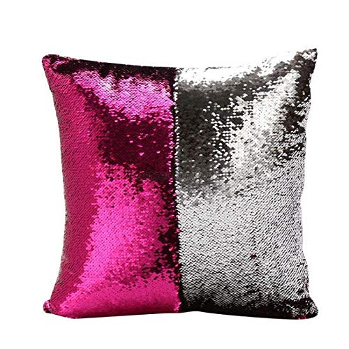 Housse de coussin réversible à paillettes pour canapé Motif sirène magique Rose vif 40,6 cm