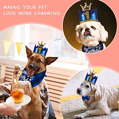 Krone Hund Geburtstagsmütze, 4 Stück, niedlicher Hunde-Geburtstagsmütze und Bandana mit Hundefliege und goldenen Zahlen, wiederverwendbar für Haustiere Welpen Katzen kleine mittelgroße Hunde (blau)