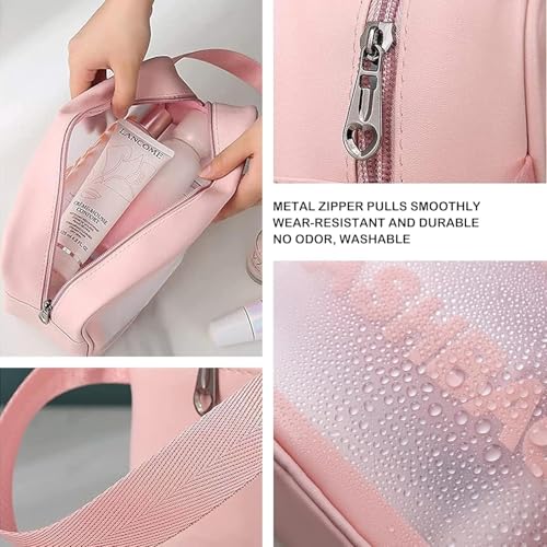Image of KUKLAR Wash Bag Pouch for Travel Kit Toiletry Bag Cosmetic Bag Make Up Box for Brushes, Accessories with Handle, Large Capacity Translucent Waterproof Travel Storage Organizer Set of 3 (Pink)