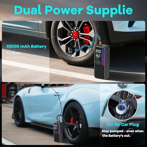 Image of WEOLULI Tire Inflator Portable Air Compressor,150 PSI Cordless Air Pump, 12V DC Car Plug,Dual Power 10000mAh, Fast Inflation 24L /Min, 4 Preset Modes for Car, Bike, Motorcycle, Balls (Black, 10000mAh)