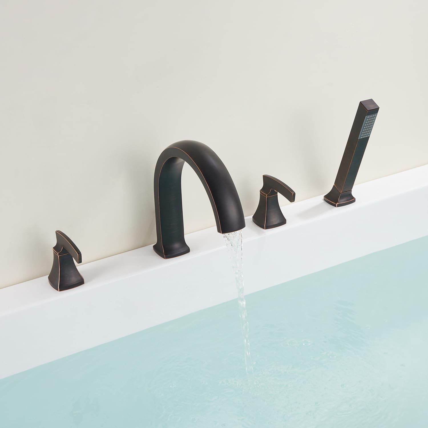Roman Tub Faucet Deck Mount Tub Filler Oil Rubbed Bronze Waterfall Bathtub Faucets 4 Hole Brass Bathroom Faucets with Hand Shower