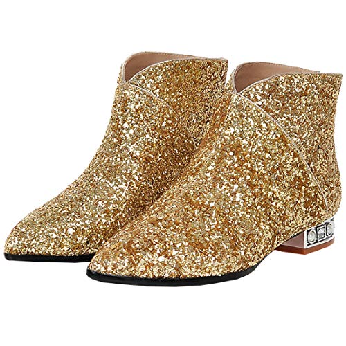 MAVMAX Sequin Low Heeled Ankle Boots Sparkly Block Heel Booties Shiny Glitter Flats Wedding Shoes for Women3