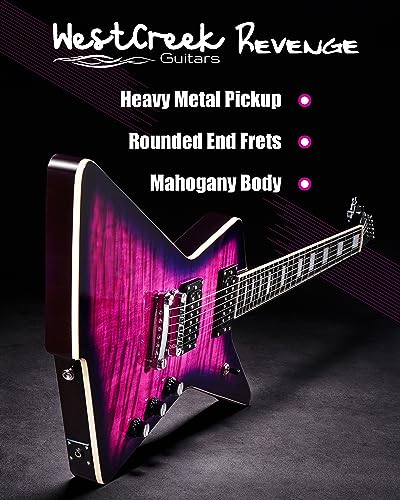 WestCreek Revenge Solid Body Electric Guitar, Heavy Metal Guitar, Right Handed, Alnico Humbucker Pickups, Rounded End Jumbo Frets, Bone nut, Rosewood Fretboard, Mahogany Body Purple - Image 4